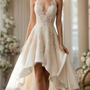Cream High Low Embellished A-line Dress with Plunge Neckline